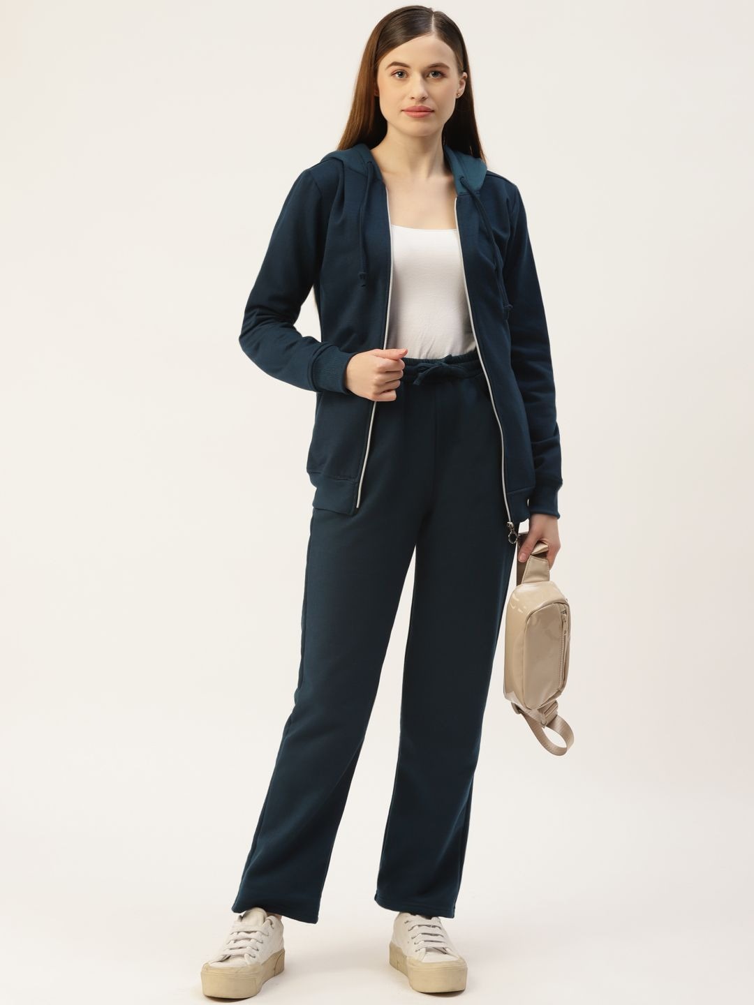 Women Long Sleeves Hooded Navy Blue Zipper Jacket – Stylish Casual Outerwear for Pakistan | PRINDA