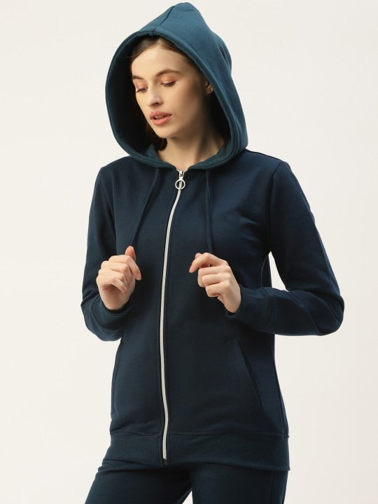 Women Long Sleeves Hooded Navy Blue Zipper Jacket – Stylish Casual Outerwear for Pakistan | PRINDA