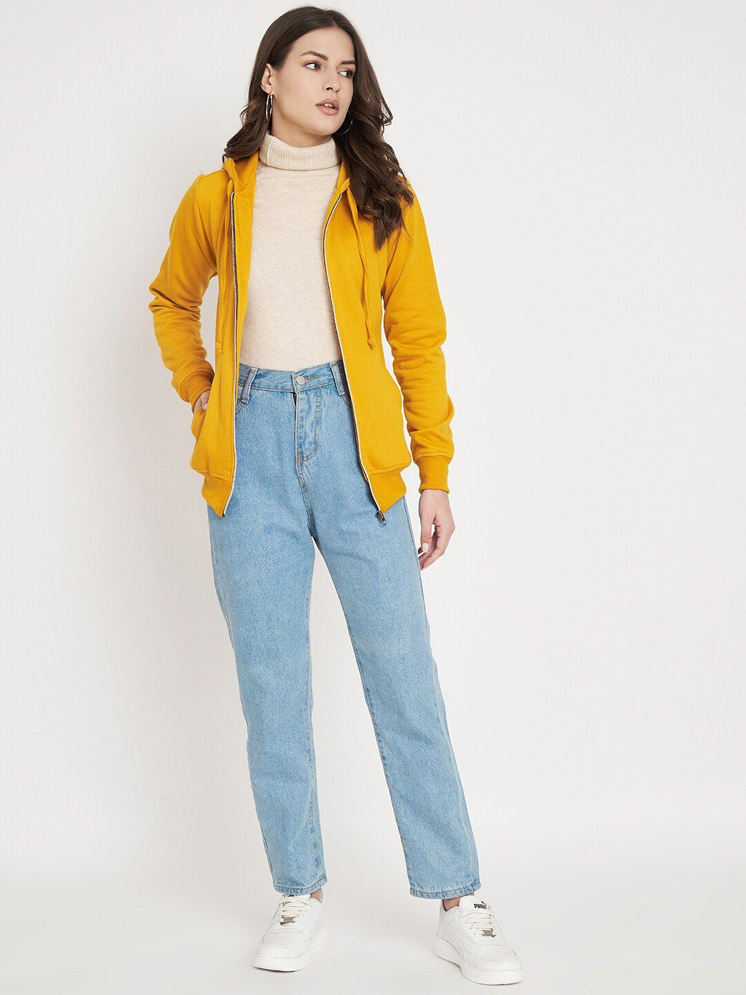 Hooded Fleece Front-Open Yellow Zipper for Women – Cozy Winter Hoodie in Pakistan | PRINDA