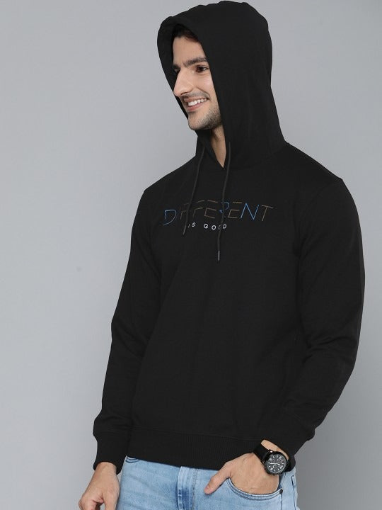Men Black Typography Printed Hooded Pullover Sweatshirt – Stylish Cotton Hoodie for Men in Pakistan | PRINDA