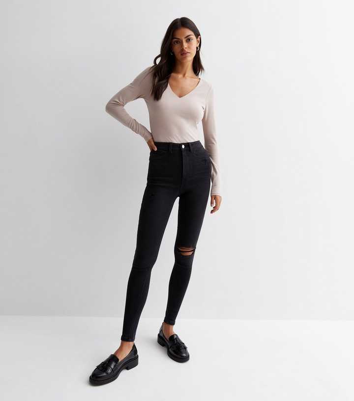Black High Waist Ripped Knee Skinny Jeans - PRINDA - Jeans -