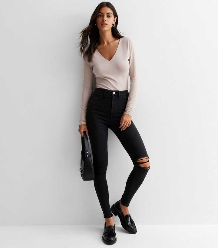 Black High Waist Ripped Knee Skinny Jeans - PRINDA - Jeans -