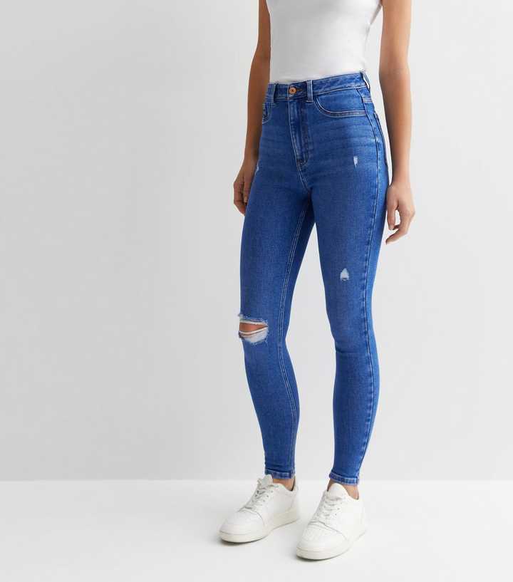 Bright Blue High Waist Ripped Knee Super Skinny Jeans - PRINDA - Jeans -