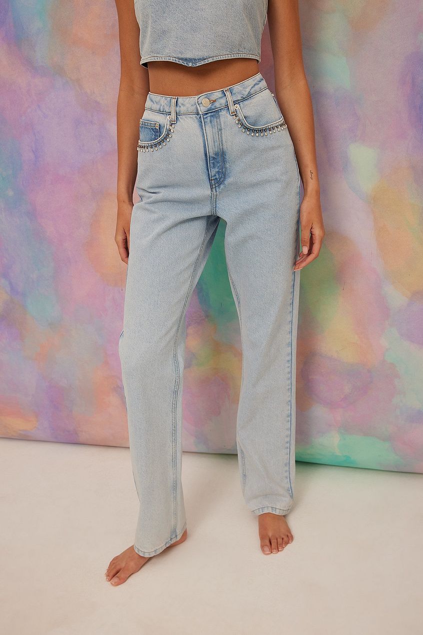 Rhinestone Detail Denim For Womens - PRINDA - Jeans -
