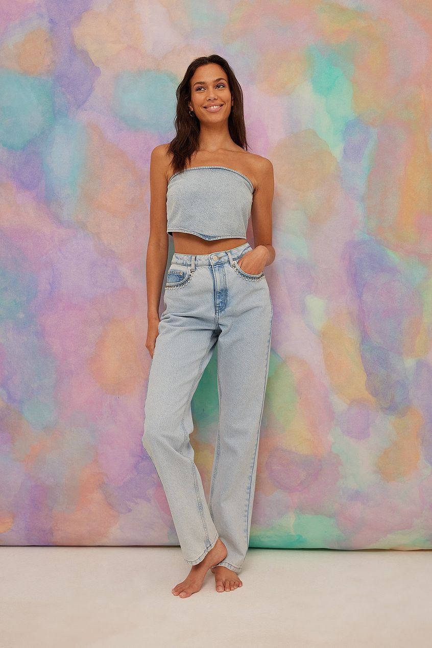 Rhinestone Detail Denim For Womens - PRINDA - Jeans -