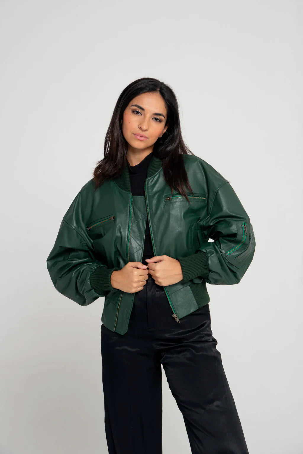 PRINDA Green Women Bomber Leather Jacket