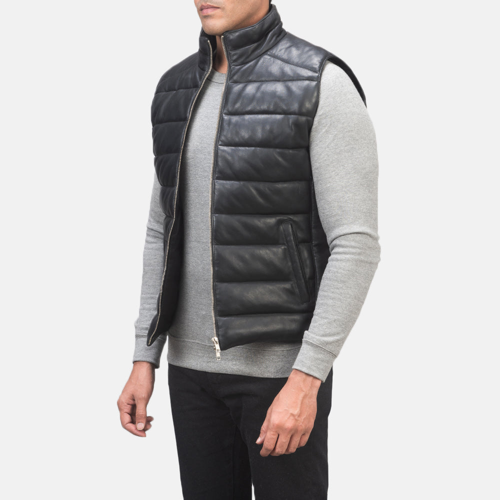 PRINDA Black Genuine Leather Puffer Vest