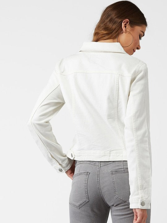 Women White Solid Denim Jacket – Premium Summer Outerwear for Pakistani Style | PARINDA
