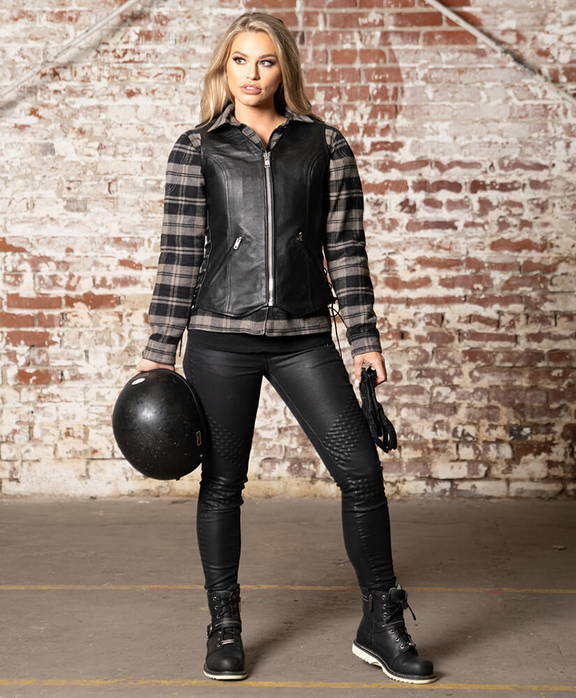 PRINDA Haughty Black Leather Motorcycle Vest for Women