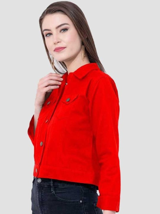 Women Red Cotton Lightweight Crop Denim Jacket – Breathable Summer Streetwear for Pakistan | PARINDA