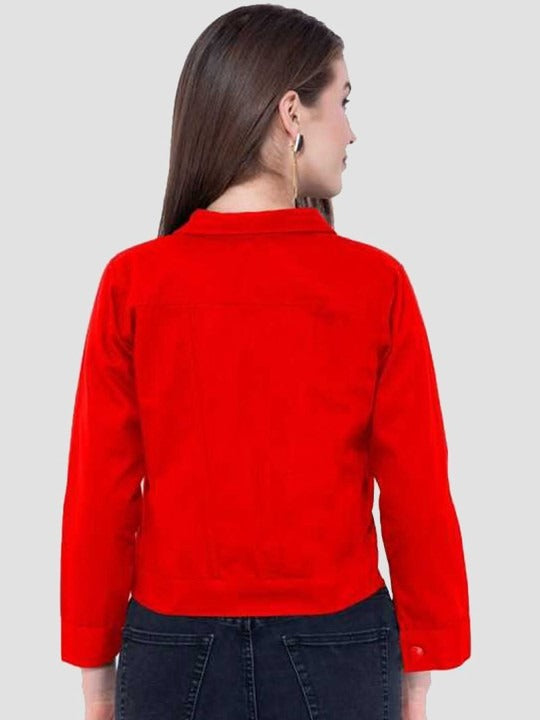 Women Red Cotton Lightweight Crop Denim Jacket – Breathable Summer Streetwear for Pakistan | PARINDA