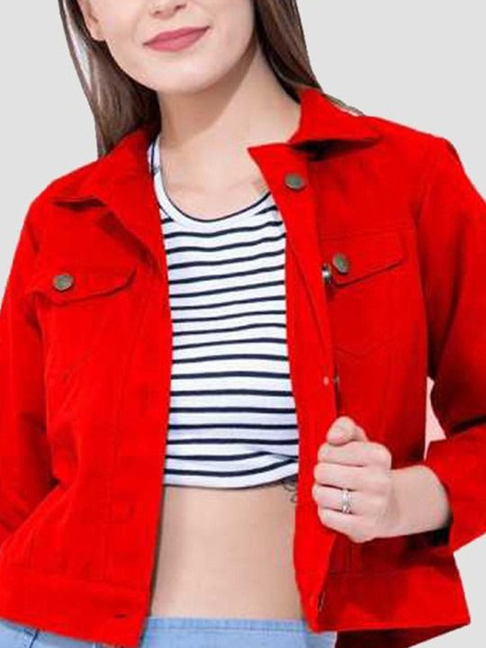 Women Red Cotton Lightweight Crop Denim Jacket – Breathable Summer Streetwear for Pakistan | PARINDA
