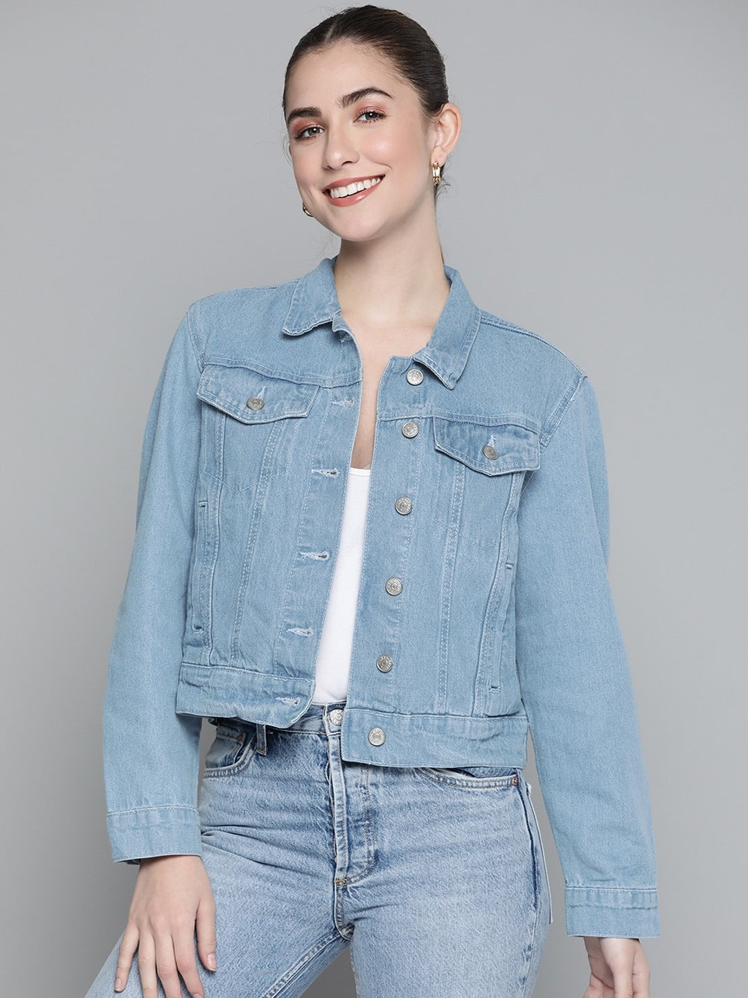 Women Blue Solid Pure Cotton Denim Jacket – Breathable, Durable & Timeless for Pakistan | PARINDA