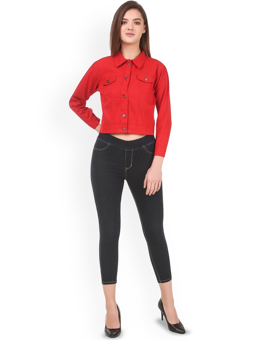 Women Red Spread Collar Solid Casual Denim Jacket – Classic Street Style by PARINDA Pakistan
