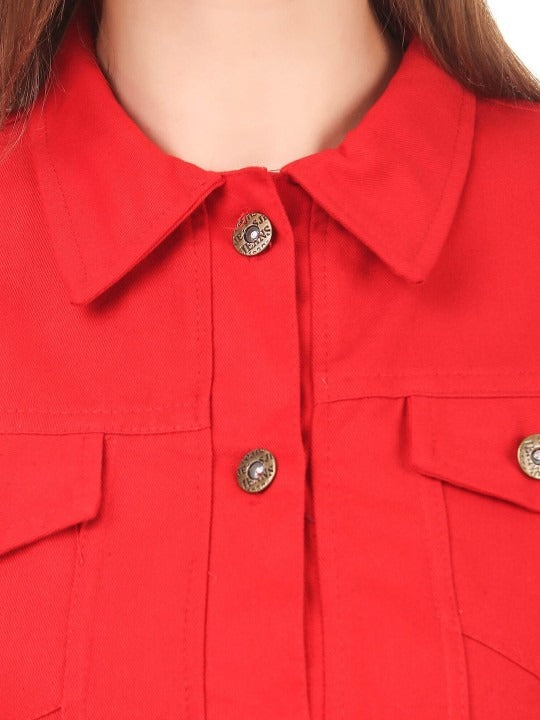 Women Red Spread Collar Solid Casual Denim Jacket – Classic Street Style by PARINDA Pakistan