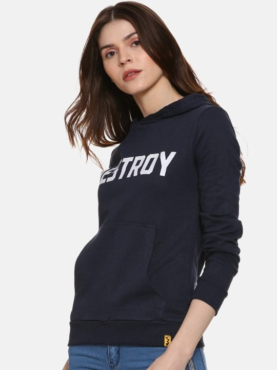 Navy Blue Typography Printed Hooded Cotton Pullover Hoodie for Women – Stylish Winter Wear in Pakistan | PRINDA