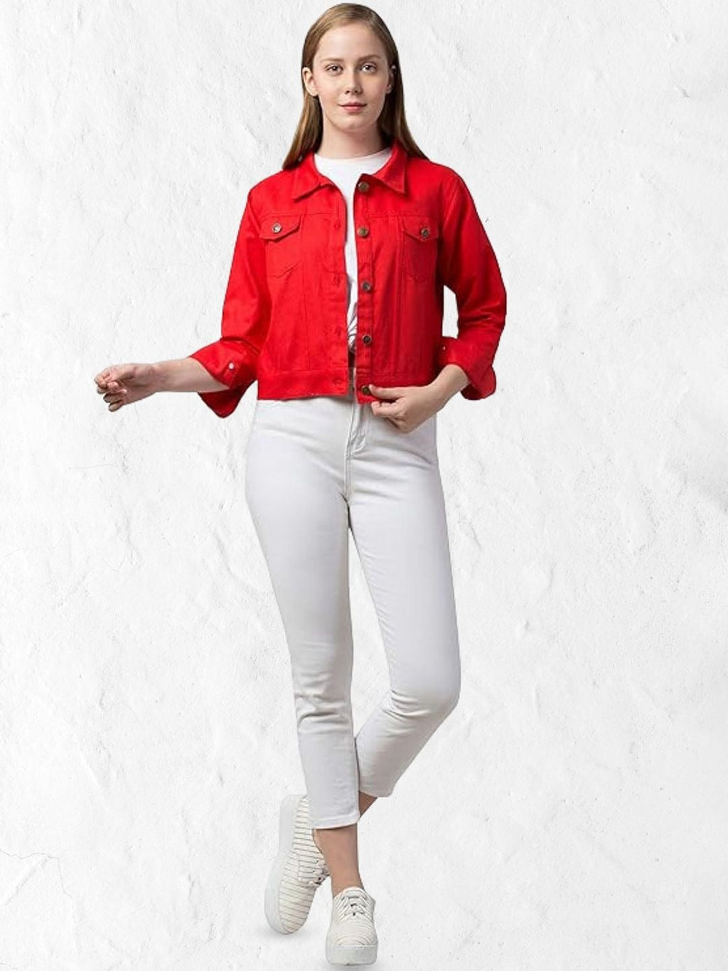 Women Red Spread Collar Cotton Denim Jacket – Casual Everyday Outerwear by PARINDA Pakistan