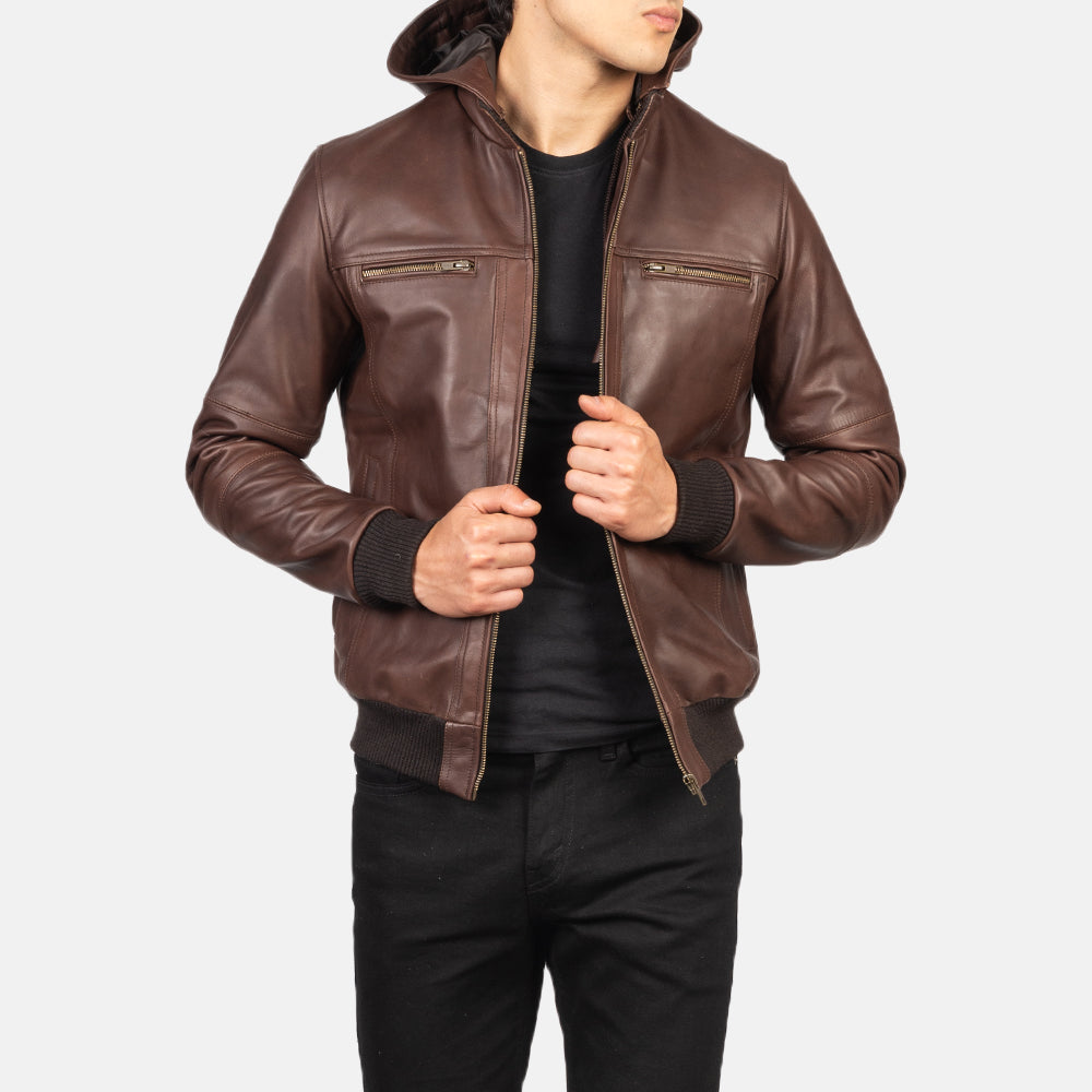 PRINDA Classic Brown Hood Leather Bomber Jacket