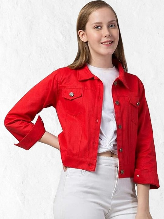 Women Red Spread Collar Cotton Denim Jacket – Casual Everyday Outerwear by PARINDA Pakistan