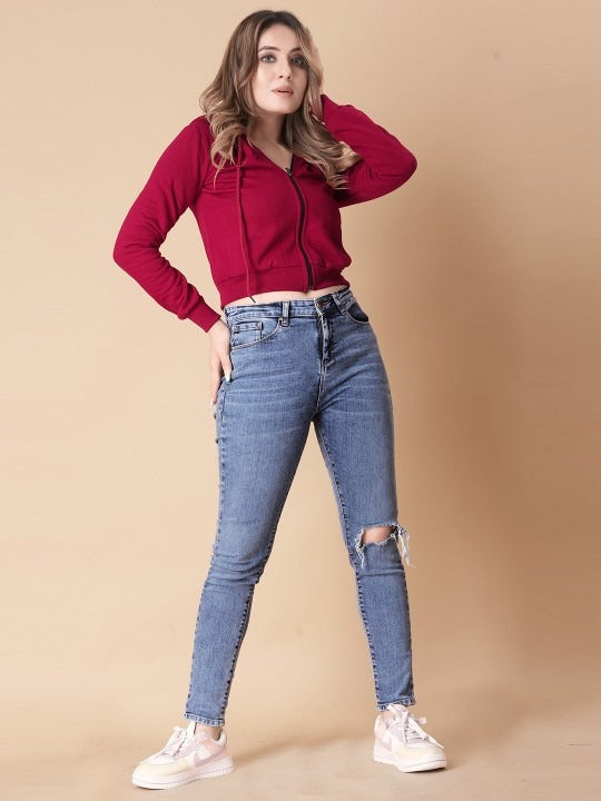 Women Solid Hooded Cropped Zipper Hoodie – Cropped Zip-Up, Breathable & Travel-Ready | PRINDA