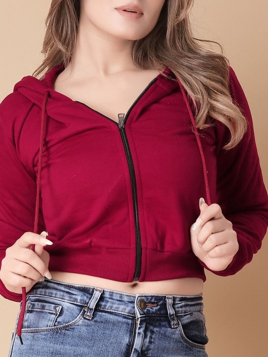 Women Solid Hooded Cropped Zipper Hoodie – Cropped Zip-Up, Breathable & Travel-Ready | PRINDA