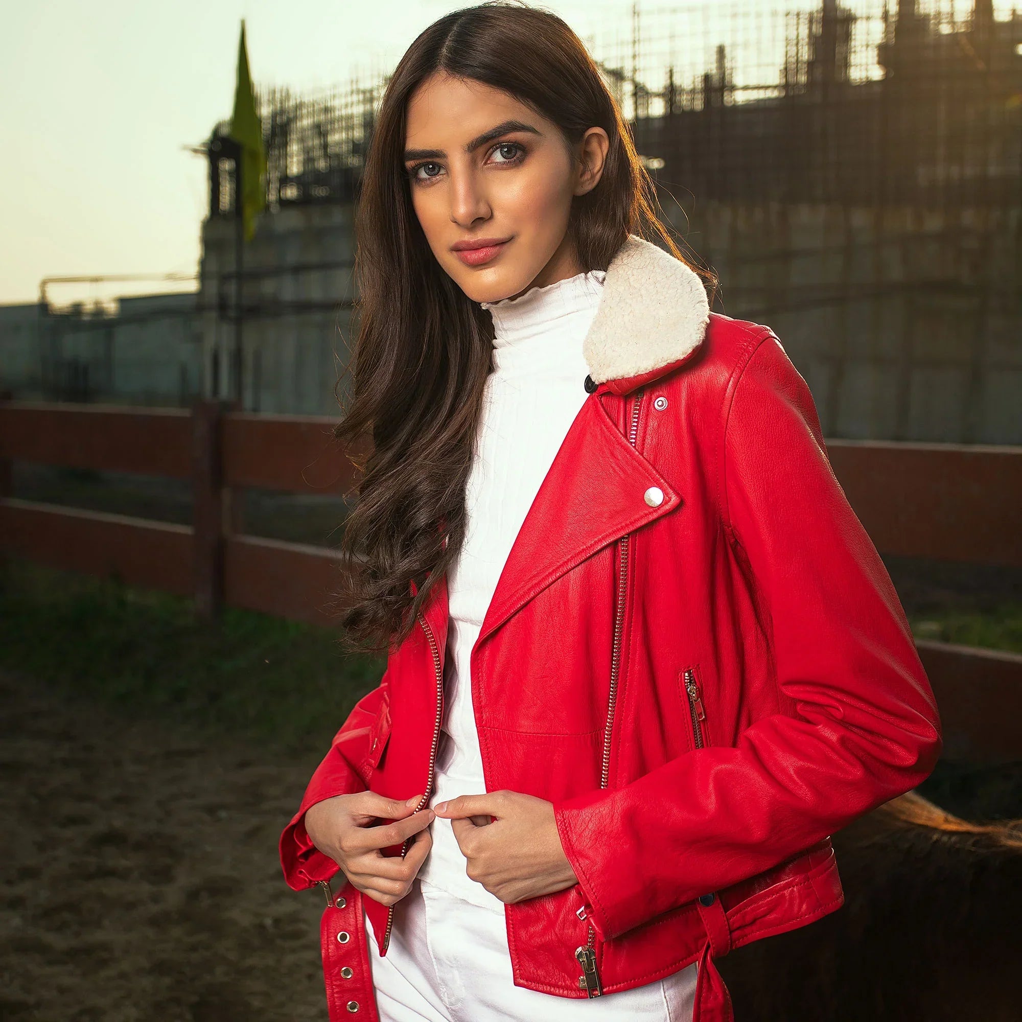 Red Women Sheep Genuine Leather Jacket
