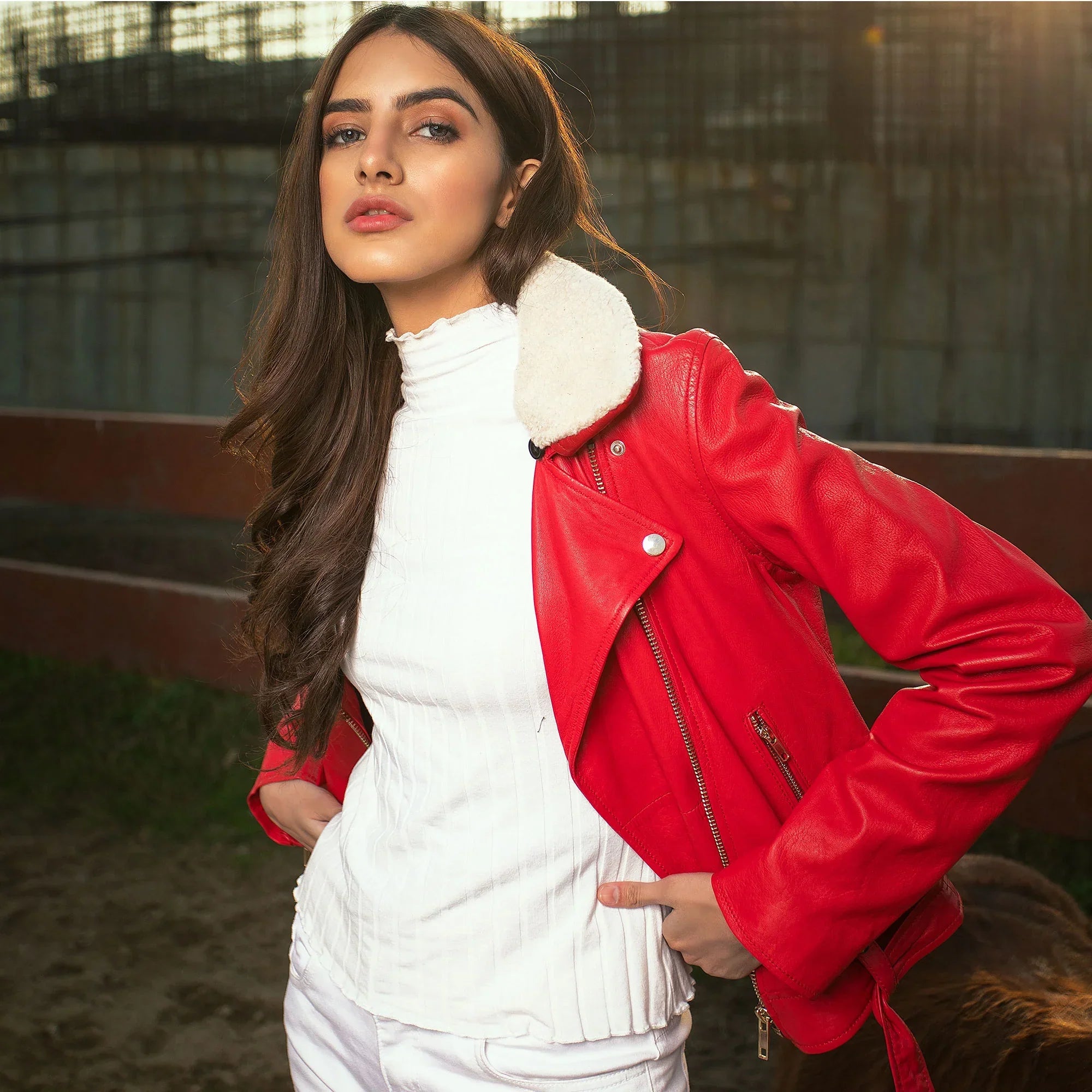 Red Women Sheep Genuine Leather Jacket