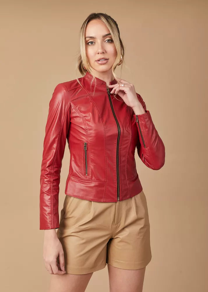 Red Women's Genuine Biker Leather Jacket