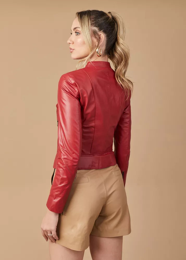 Red Women's Genuine Biker Leather Jacket