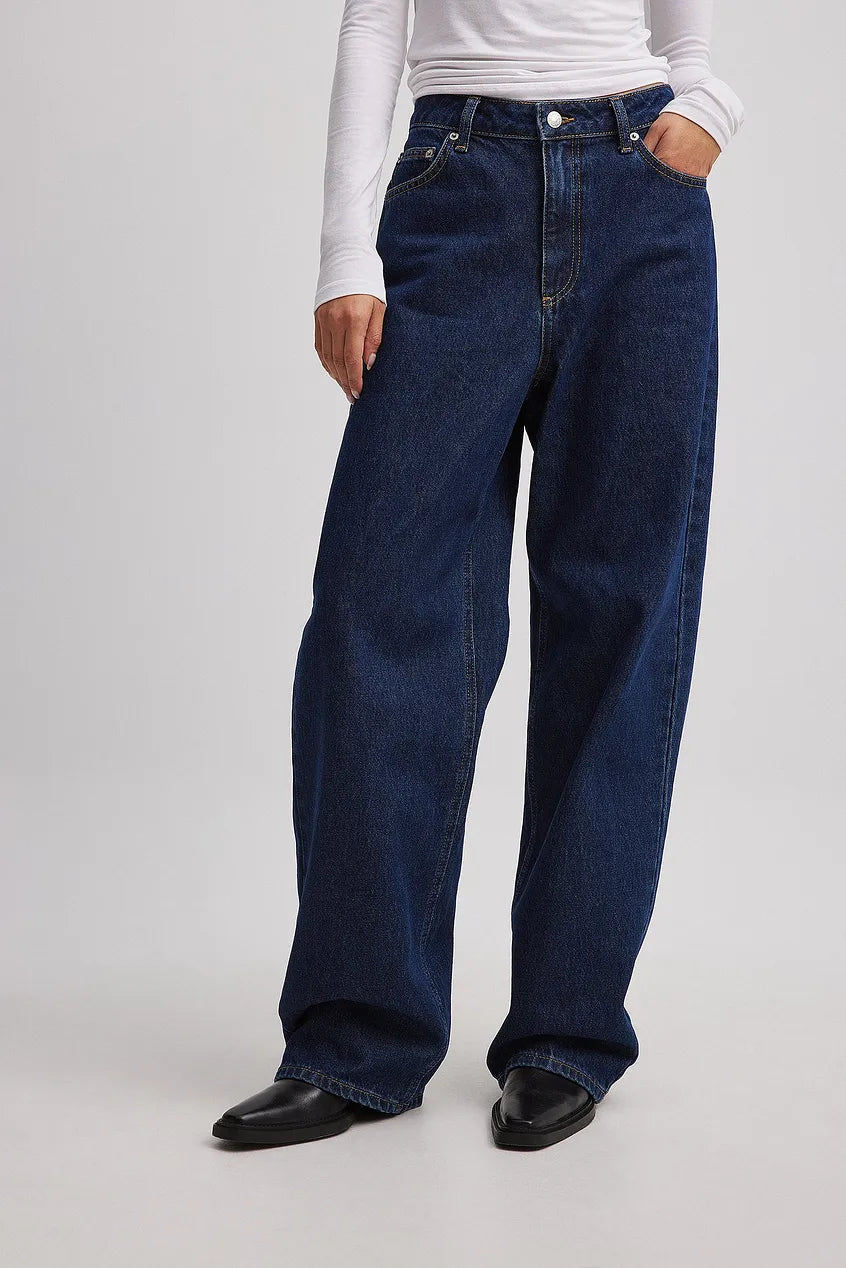 Mid Waist Loose Long Jeans in Dark Blue - Comfortable & Stylish Denim