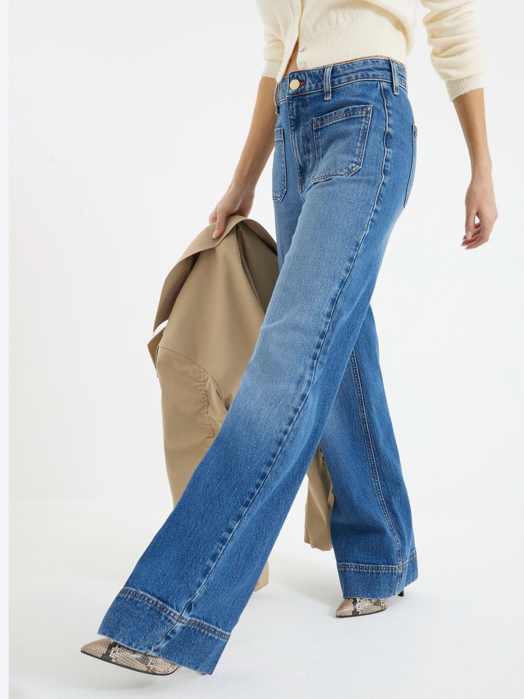 Women Rinse Blue Jersey Denim Wide Leg Trousers – Comfortable & Stylish Pants for Pakistan | PRINDA