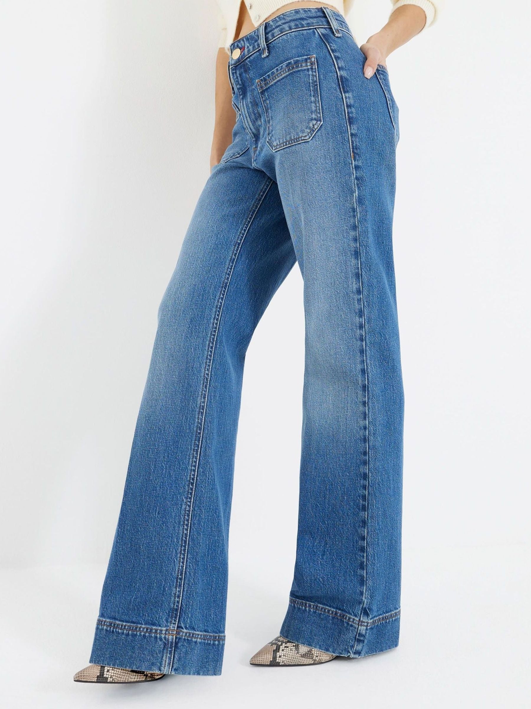 Women Rinse Blue Jersey Denim Wide Leg Trousers – Comfortable & Stylish Pants for Pakistan | PRINDA