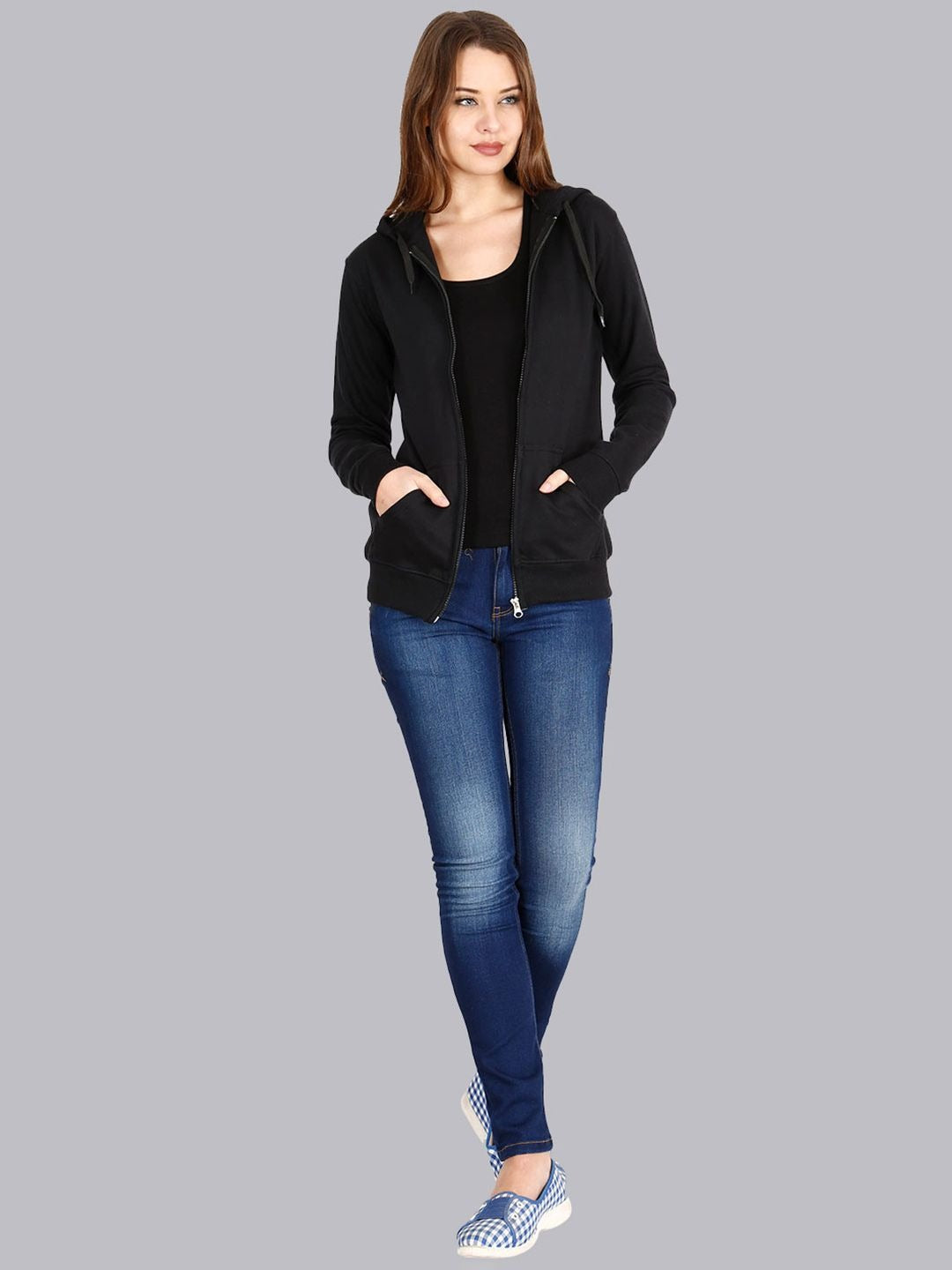 Women Black Hooded Cotton Front-Open Zipper Jacket – Breathable Cotton Zip Hoodie for Pakistan | PRINDA