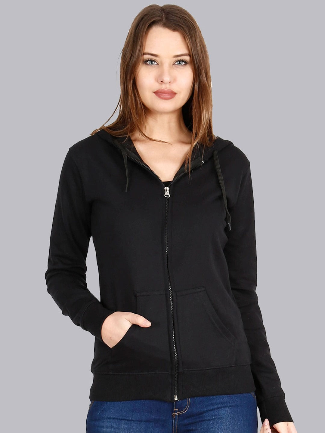 Women Black Hooded Cotton Front-Open Zipper Jacket – Breathable Cotton Zip Hoodie for Pakistan | PRINDA