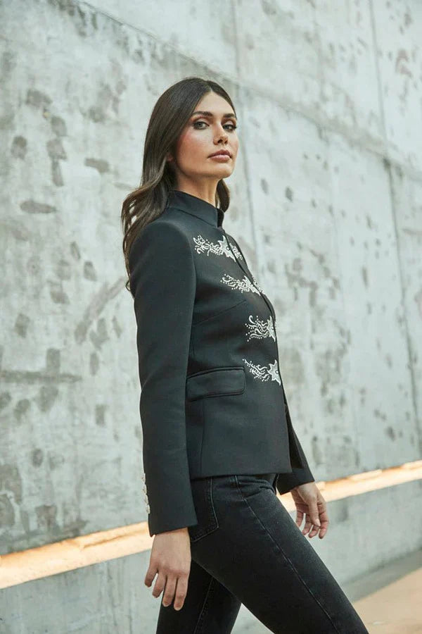 PRINDA Silver Embroidered Black Blazer