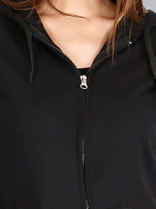 Women Black Hooded Cotton Front-Open Zipper Jacket – Breathable Cotton Zip Hoodie for Pakistan | PRINDA