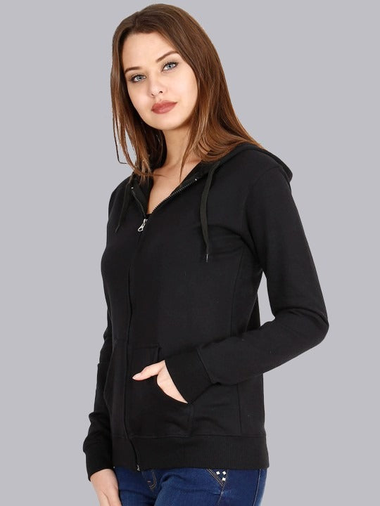 Women Black Hooded Cotton Front-Open Zipper Jacket – Breathable Cotton Zip Hoodie for Pakistan | PRINDA