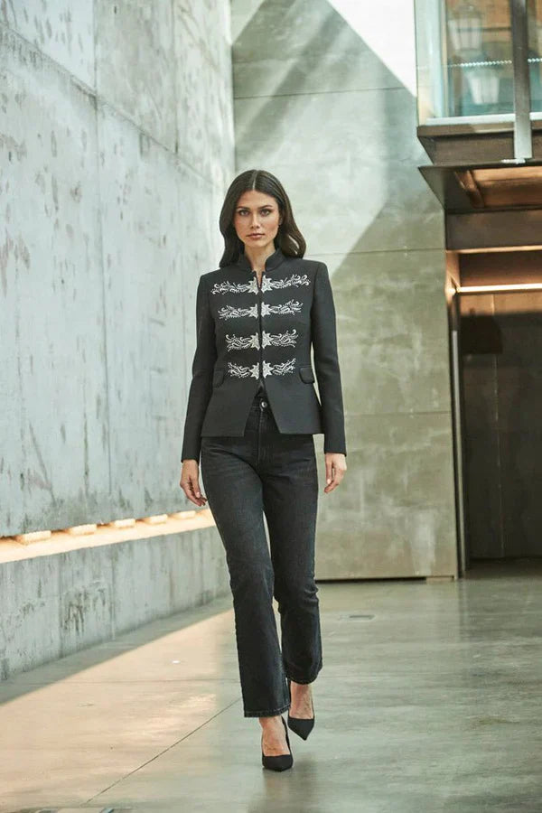 PRINDA Silver Embroidered Black Blazer