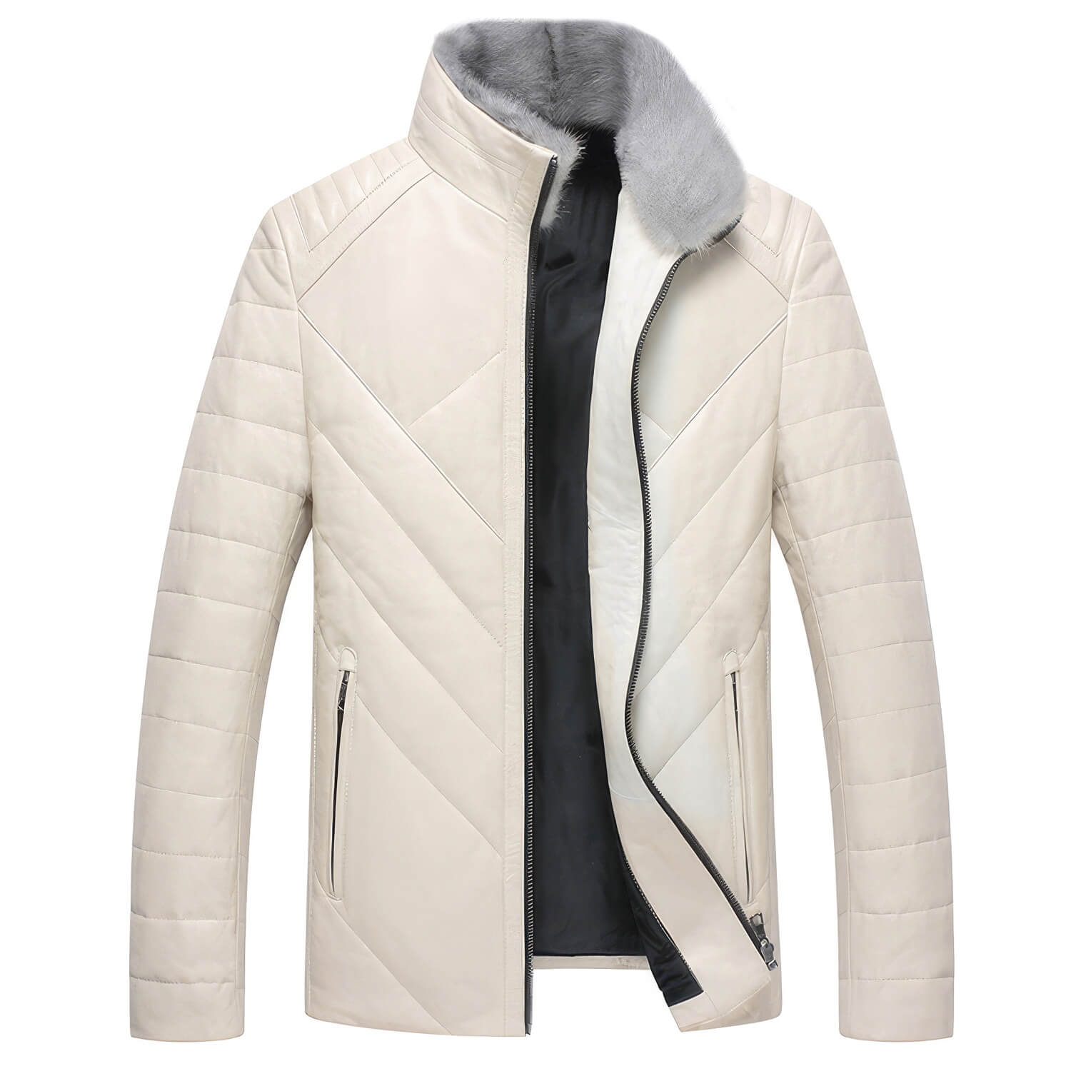 Men's Off-White Genuine Sheepskin Faux Fur Collar Quilted Shoulders Padded Thick Winter Warm Puffer Leather Jacket - Front View - PRINDA