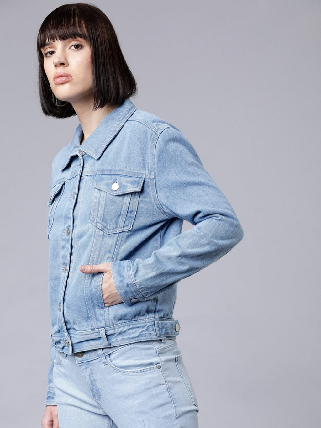 Women Blue Solid Denim Jacket – Classic, Breathable & Versatile for Pakistan | PARINDA