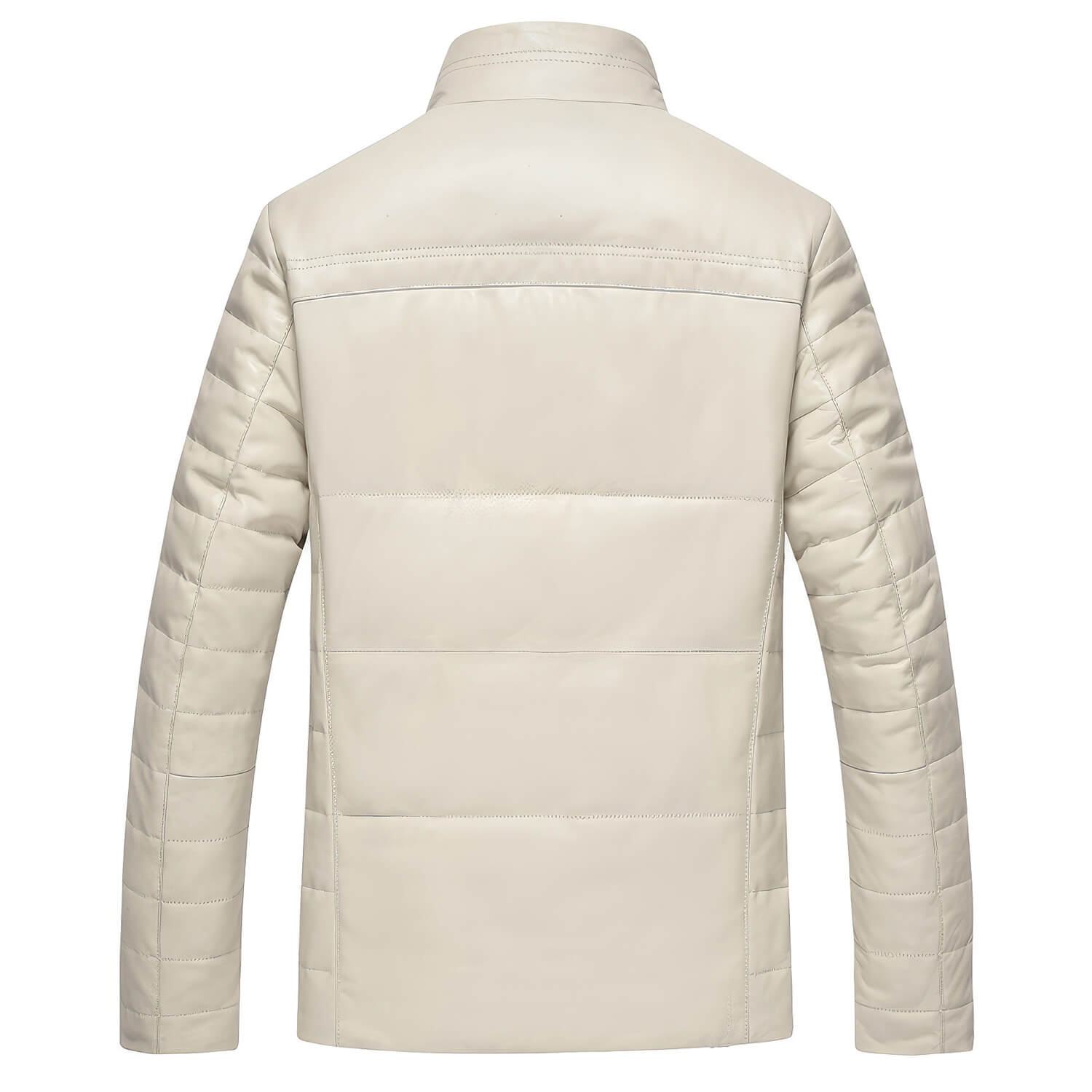 Men's Off-White Genuine Sheepskin Faux Fur Collar Quilted Shoulders Padded Thick Winter Warm Puffer Leather Jacket - Back View - PRINDA