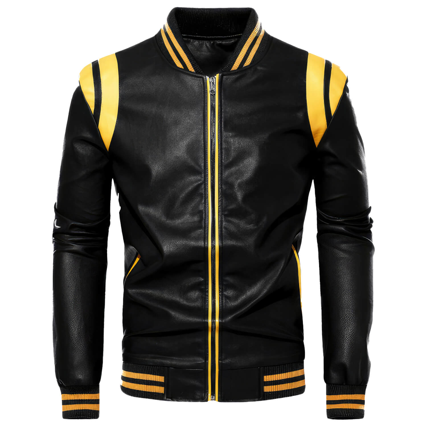 Men's Black Biker Genuine Sheepskin Sporty Slim Fit Yellow Stripes Rib Knit Bomber Motorcycle Rider Leather Jacket - Front View - PRINDA