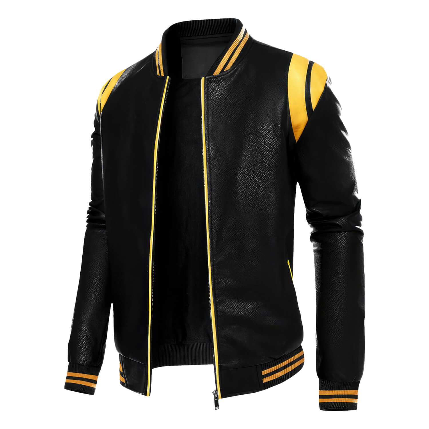 Men's Black Biker Genuine Sheepskin Sporty Slim Fit Yellow Stripes Rib Knit Bomber Motorcycle Rider Leather Jacket - Back View - PRINDA