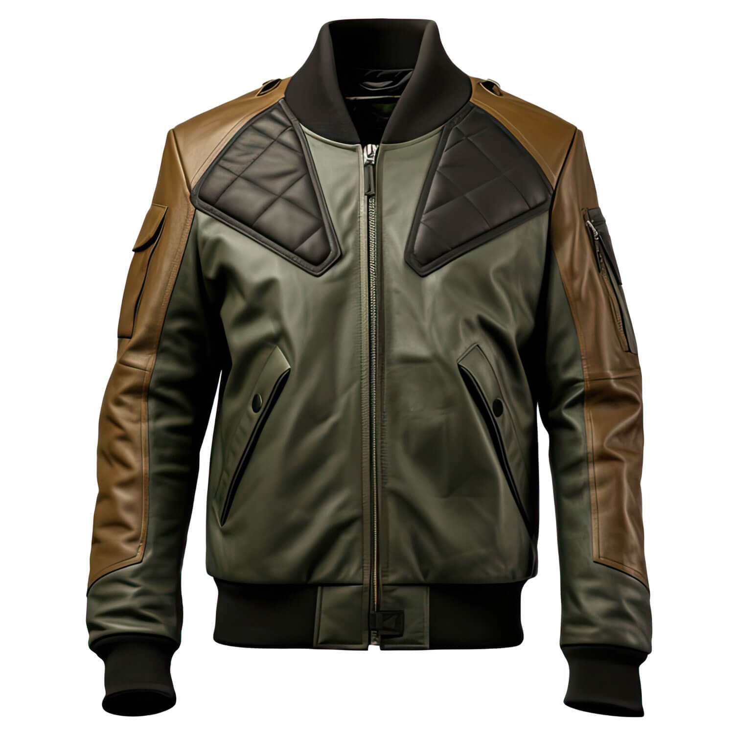 Men's Olive Green Brown Genuine Sheepskin Baseball Collar Classy Casual Sportswear Bomber Leather Jacket - Front View - PRINDA