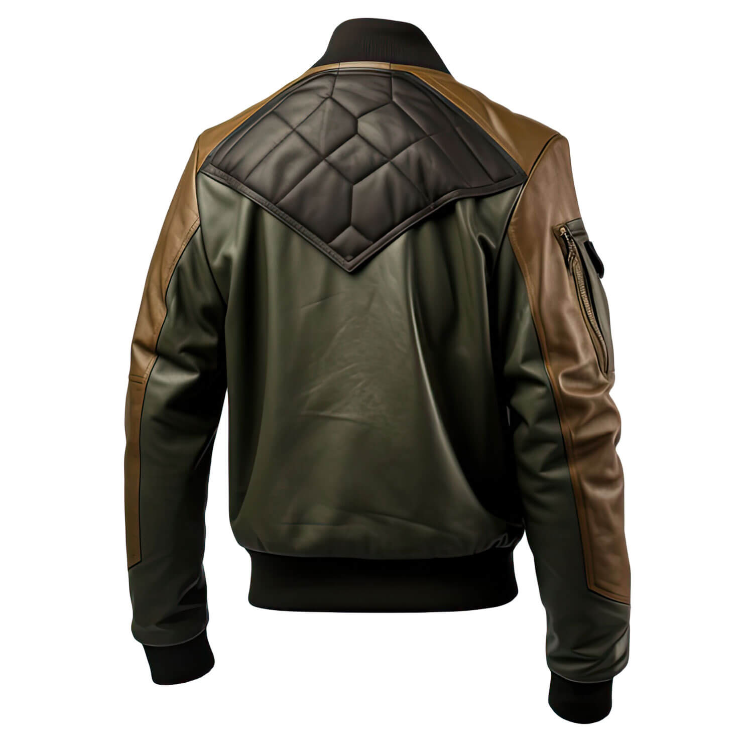 Men's Olive Green Brown Genuine Sheepskin Baseball Collar Classy Casual Sportswear Bomber Leather Jacket - Back View - PRINDA