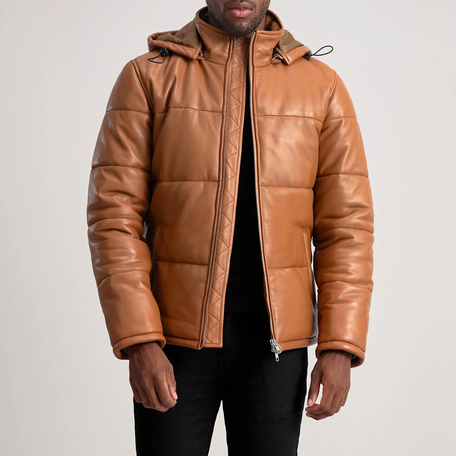 PRINDA Tan Hooded Sheep Leather Puffer Jacket