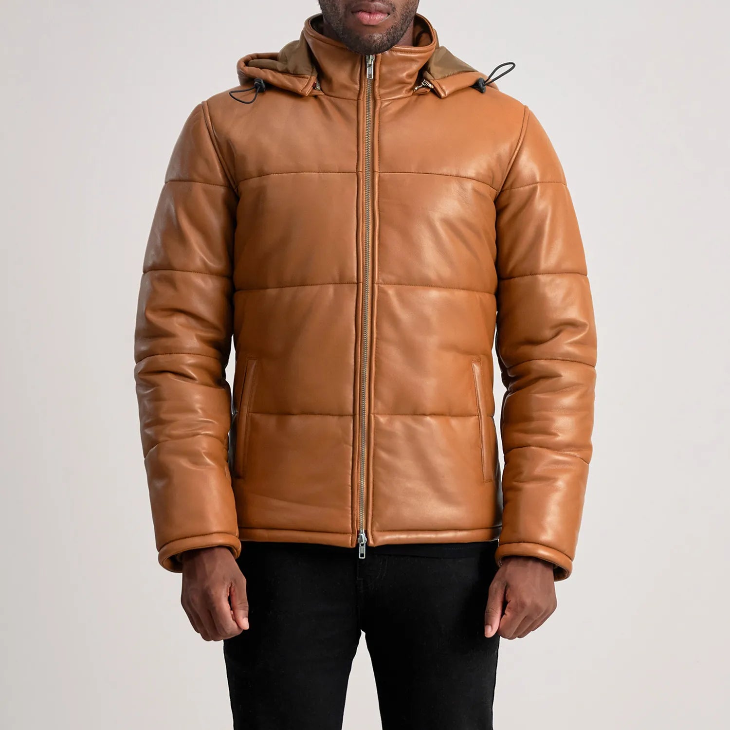 PRINDA Tan Hooded Sheep Leather Puffer Jacket