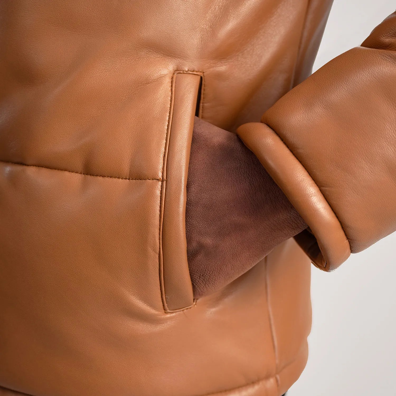 PRINDA Tan Hooded Sheep Leather Puffer Jacket