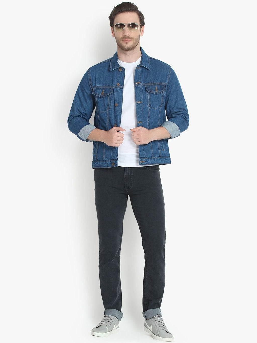 Men Blue Solid Denim Jacket – Breathable All-Season Streetwear for Pakistan | PARINDA