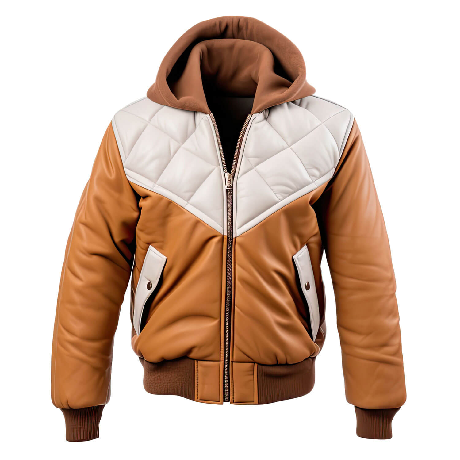 Men's White Beige Genuine Sheepskin Diamond Quilted Rib Knitted Bomber Zip-up Hooded Stylish Puffer Leather Jacket - Front View - PRINDA